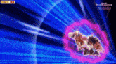 a cartoon character is flying through a purple circle in a blue background .