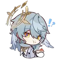 a chibi drawing of a person with wings eating a cake .