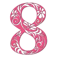 a pink number 8 with white flowers on it