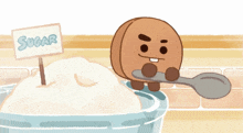 a cartoon character is holding a spoon in front of a sign that says sugar