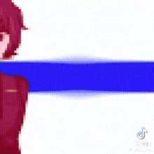 a pixel art of a person with blue hair standing next to a blue and white striped background .