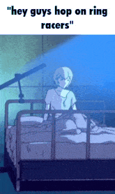 a cartoon of a boy sitting in a hospital bed with the words " hey guys hop on ring racers "