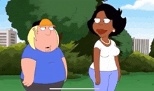a man and a woman from family guy are standing next to each other in a park .