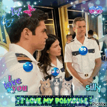 a couple of men and a woman standing next to each other with the words love you and silly on the bottom right