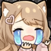 a cartoon girl with cat ears is crying with her eyes closed and tears coming out of her eyes .
