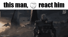 a man in a suit is standing in front of a crowd with the words this man react him above him .