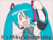 a cartoon of a girl wearing headphones with the words it 's miku wednesday