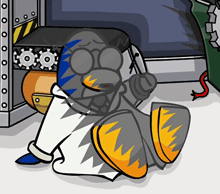 a cartoon of a penguin laying on the floor with a sword