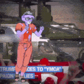 a cartoon of a man standing in front of a sign that says trump ceas to " ymca "