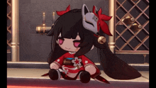 a doll wearing a red kimono and a mask