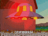 a group of people are gathered in front of a flying saucer that says cryptospain on it