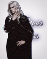 a man with long white hair stands in front of a sign that says your