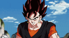 a close up of a cartoon character with the words super dragon ball hearts on the bottom