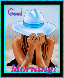 a picture of a woman wearing a blue hat with the words good morning below her