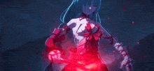 a drawing of a person with red gloves holding a red wand