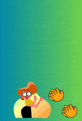 a blue and green background with a cartoon character and the letters w and m