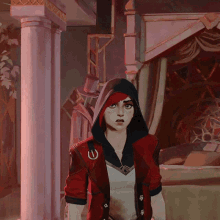 a woman in a red jacket with a black hood and red hair