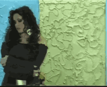 a woman standing in front of a green and blue wall