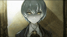 a cartoon character with blue hair and yellow eyes is wearing a suit and tie