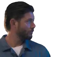 a man with a beard and a blue shirt looks to the side