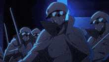 a group of soldiers wearing gas masks holding swords