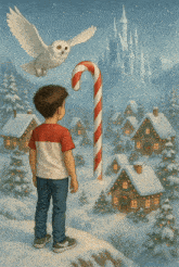 a boy looking at an owl flying over a candy cane in a snowy village