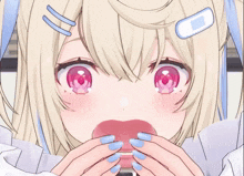 a close up of a girl 's face with a bandage on her hair