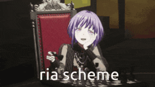 a girl is sitting in a chair with a chess board in front of her and the word ria scheme is on the bottom right