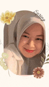 a woman wearing a hijab is surrounded by flowers and the word spring is above her