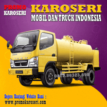 a yellow truck with the words promo karoseri mobil dan truck indonesia on it