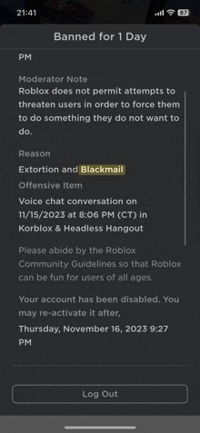 a screenshot of a banned for 1 day message on a cell phone