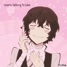 a cartoon of a man talking on a cell phone with the words osamu talking to luke below him