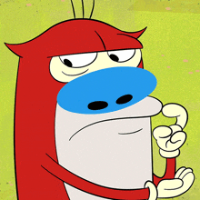 a cartoon character with a blue nose and a red head