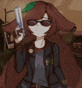 a drawing of a girl holding a gun with a cross on her sleeve