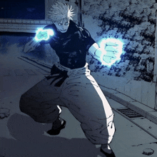 a black and white drawing of a man with blue lights coming out of his fists