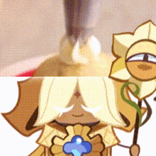 a cartoon character is holding a flower in front of a candle