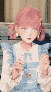 a girl with pink hair wearing a blue dress