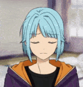 a blue haired anime girl with her eyes closed is wearing a purple jacket and a black shirt .