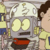 a cartoon drawing of a robot with a helmet on it