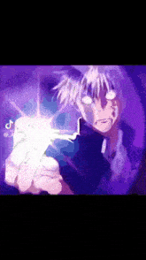 a man with white hair is holding a light in his hand in a purple background .