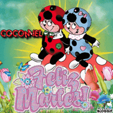 two ladybugs are sitting on top of a mushroom with the words feliz martes written below them