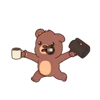 a teddy bear holding a briefcase and a cup of coffee