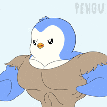 a cartoon of a penguin with big muscles and the word pengu on the bottom right