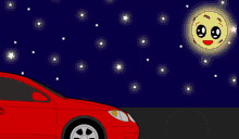 a cartoon of a woman driving a red car at night with the moon behind her