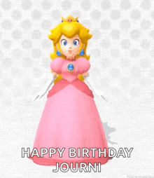 princess peach is dancing in a pink dress with her eyes closed and a crown on her head .