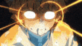 a close up of a person 's face with glowing eyes and a circle around his head .