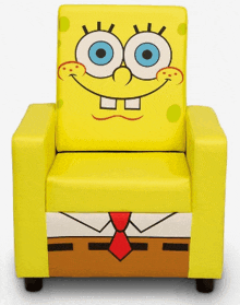 a yellow chair with a picture of spongebob on the back