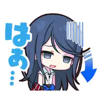 a cartoon of a girl with blue hair and a blue arrow pointing down