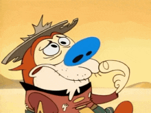 a cartoon character with a blue nose and a hat