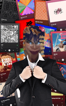 a man in a suit is standing in front of a collage of music covers including one that says acat